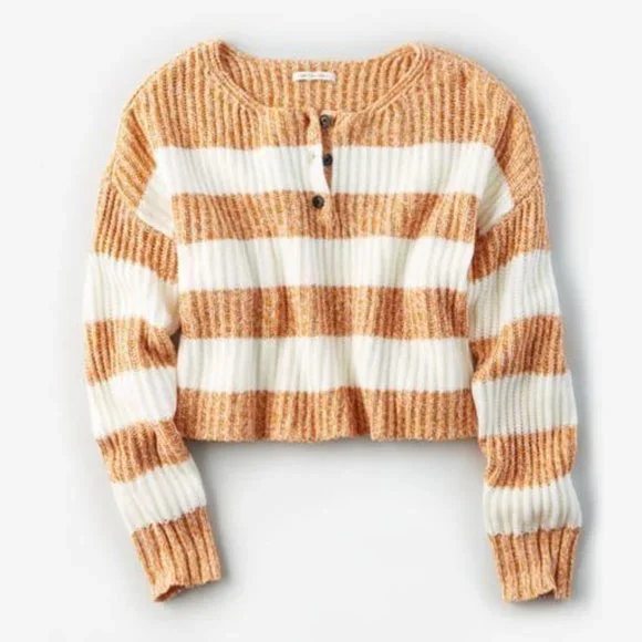 American Eagle Boxy Super Soft Cropped Henley Sweater Yellow White Stripes S - Picture 6 of 6